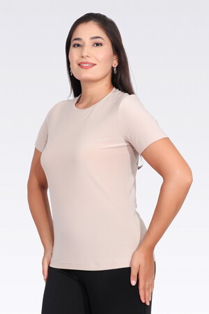 TOLGA SARAÇOĞLU Bisiklet Yaka Kısa Kol Şık Kumaş Örme Bluz 10693 - BEJ