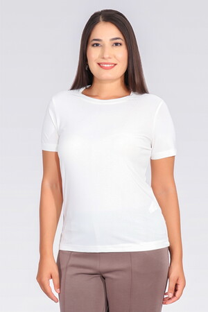 TOLGA SARAÇOĞLU Bisiklet Yaka Kısa Kol Şık Kumaş Örme Bluz 10693 - EKRU