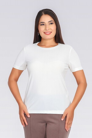 TOLGA SARAÇOĞLU Bisiklet Yaka Kısa Kol Şık Kumaş Örme Bluz 10693 - EKRU