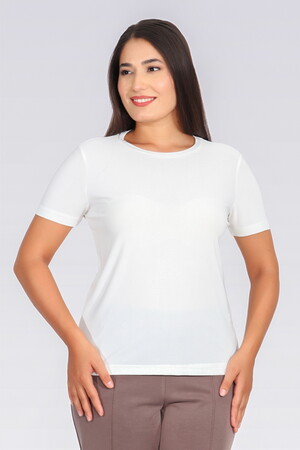 TOLGA SARAÇOĞLU Bisiklet Yaka Kısa Kol Şık Kumaş Örme Bluz 10693 - EKRU