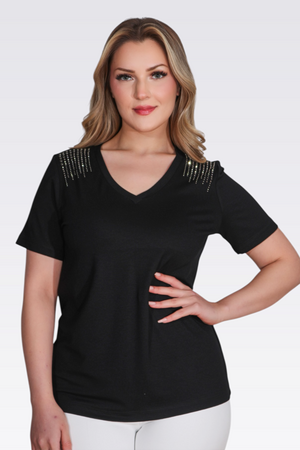 TOLGA SARAÇOĞLU Taş Baskılı V Yaka Kısa Kol Örme Bluz 10744 - Siyah