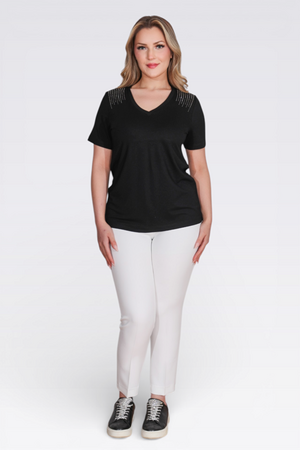 TOLGA SARAÇOĞLU Taş Baskılı V Yaka Kısa Kol Örme Bluz 10744 - Siyah