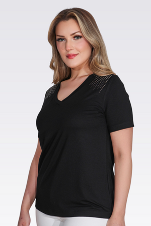 TOLGA SARAÇOĞLU Taş Baskılı V Yaka Kısa Kol Örme Bluz 10744 - Siyah