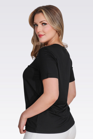 TOLGA SARAÇOĞLU Taş Baskılı V Yaka Kısa Kol Örme Bluz 10744 - Siyah