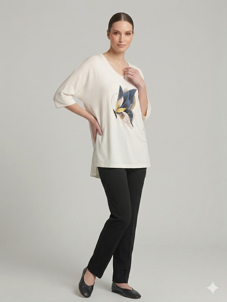 TOLGA SARAÇOĞLU Desenli Rahat Kesim Bluz 11057 - EKRU