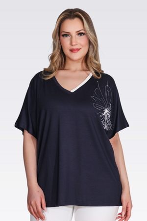 TOLGA SARAÇOĞLU V Yaka Taş Baskılı Şık Örme Bluz 11058 - Lacivert