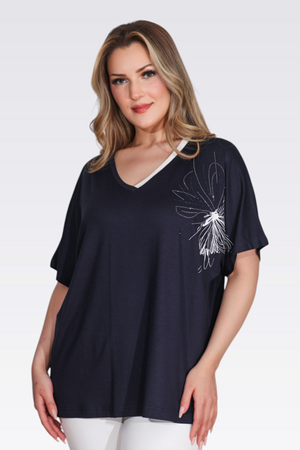 TOLGA SARAÇOĞLU V Yaka Taş Baskılı Şık Örme Bluz 11058 - Lacivert