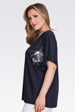 TOLGA SARAÇOĞLU V Yaka Taş Baskılı Şık Örme Bluz 11058 - Lacivert