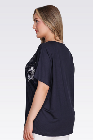 TOLGA SARAÇOĞLU V Yaka Taş Baskılı Şık Örme Bluz 11058 - Lacivert