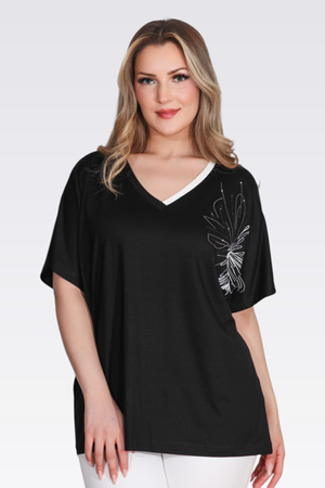 TOLGA SARAÇOĞLU V Yaka Taş Baskılı Şık Örme Bluz 11058 - Siyah