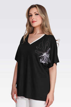 TOLGA SARAÇOĞLU V Yaka Taş Baskılı Şık Örme Bluz 11058 - Siyah