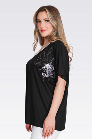 TOLGA SARAÇOĞLU V Yaka Taş Baskılı Şık Örme Bluz 11058 - Siyah