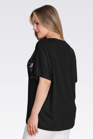 TOLGA SARAÇOĞLU V Yaka Taş Baskılı Şık Örme Bluz 11058 - Siyah