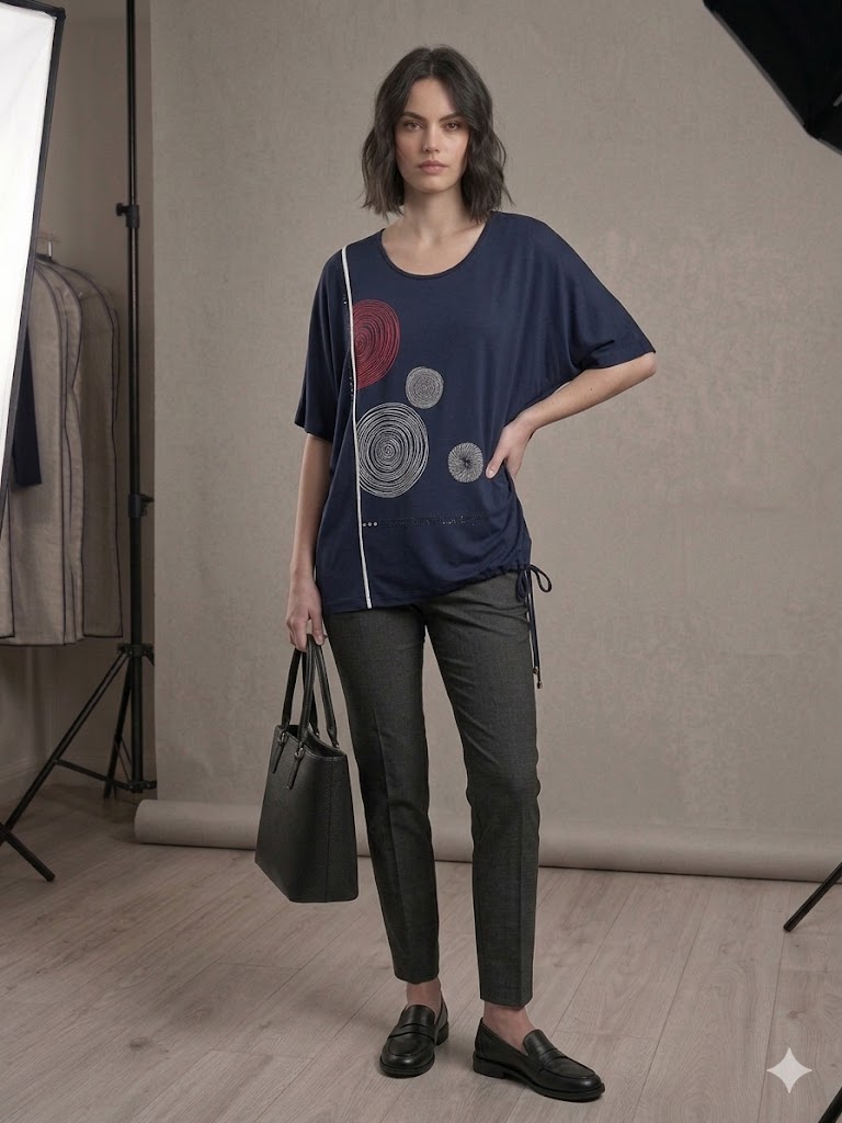 TOLGA SARAÇOĞLU Taş İşlemeli Desenli Bluz 11059 - Lacivert