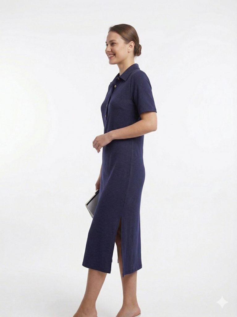 TOLGA SARAÇOĞLU Düğme Kapamalı Yırtmaç Detaylı Elbise 40181 - Lacivert