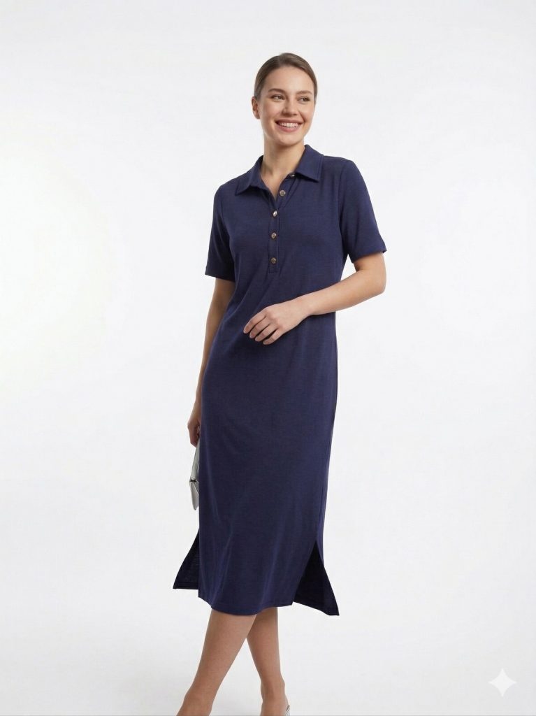 TOLGA SARAÇOĞLU Düğme Kapamalı Yırtmaç Detaylı Elbise 40181 - Lacivert