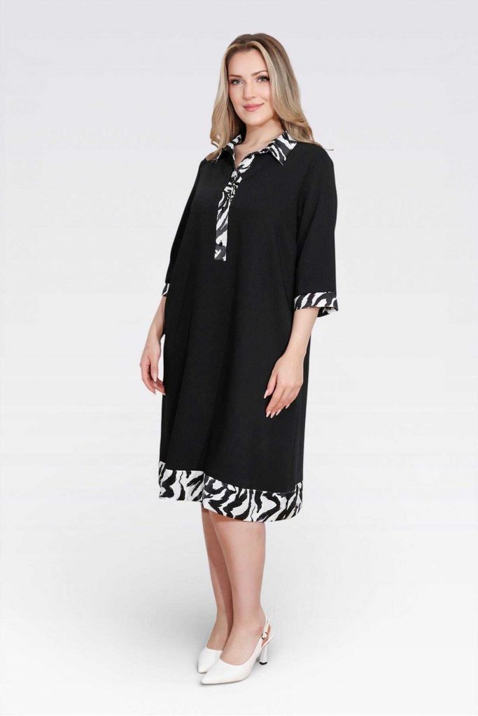 TOLGA SARAÇOĞLU Desenli Rahat Kesim Saten Elbise 40184 - Siyah