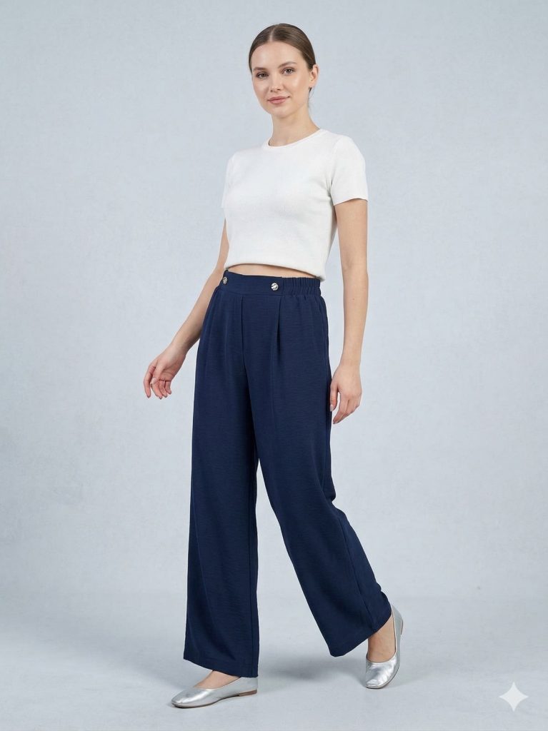 TOLGA SARAÇOĞLU Düğme Detaylı Beli Lastikli Pantolon 30176 - Lacivert