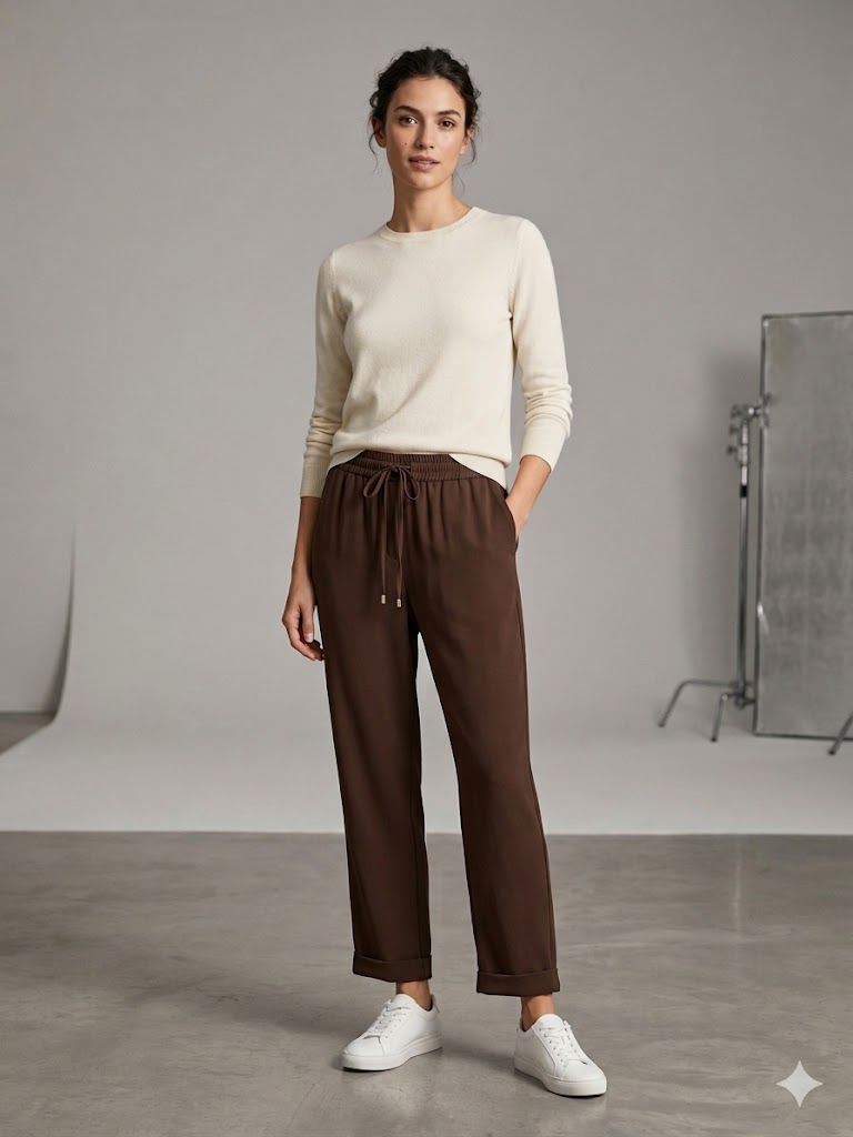 TOLGA SARAÇOĞLU Beli Lastikli Duble Paça Pantolon 30181 - kahve