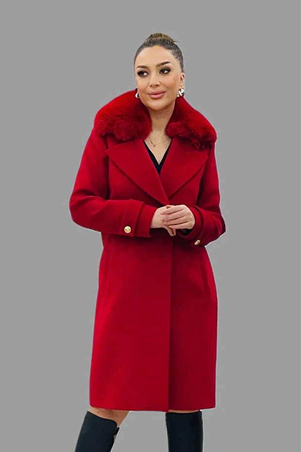 TOSATO Yaka Kürk Detaylı Kaşe Kaban 5243 - KIRMIZI