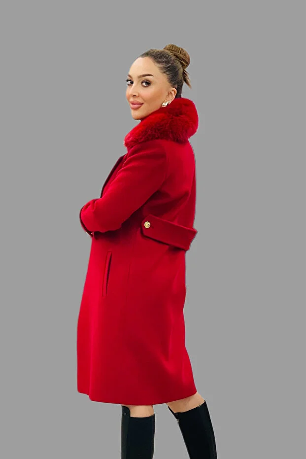 TOSATO Yaka Kürk Detaylı Kaşe Kaban 5243 - KIRMIZI