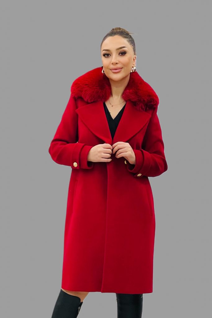 TOSATO Yaka Kürk Detaylı Kaşe Kaban 5243 - KIRMIZI