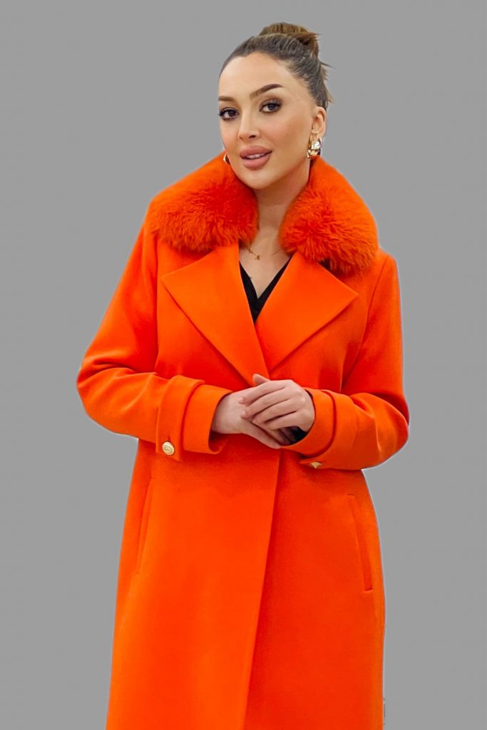 TOSATO Yaka Kürk Detaylı Kaşe Kaban 5243 - turuncu