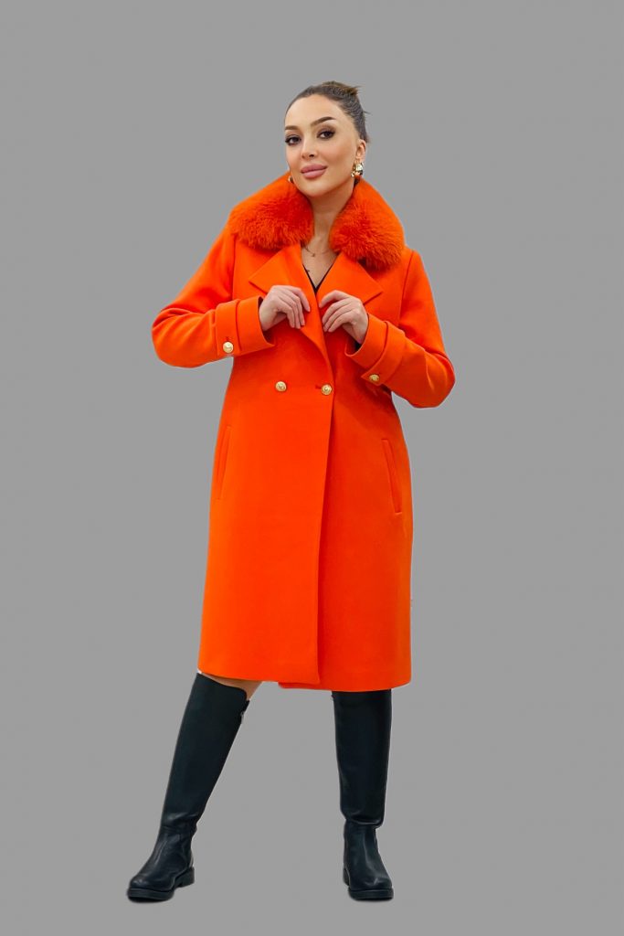 TOSATO Yaka Kürk Detaylı Kaşe Kaban 5243 - turuncu