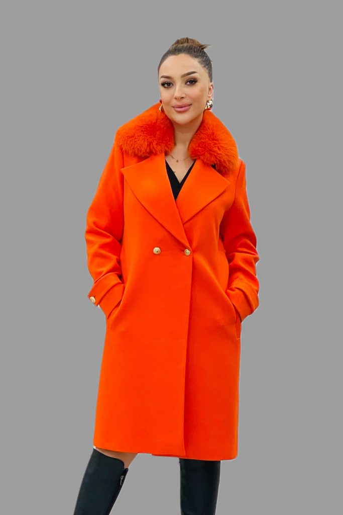 TOSATO Yaka Kürk Detaylı Kaşe Kaban 5243 - turuncu