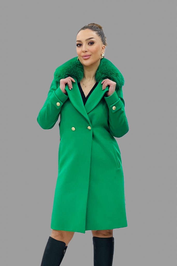 TOSATO Yaka Kürk Detaylı Kaşe Kaban 5243 - YEŞİL