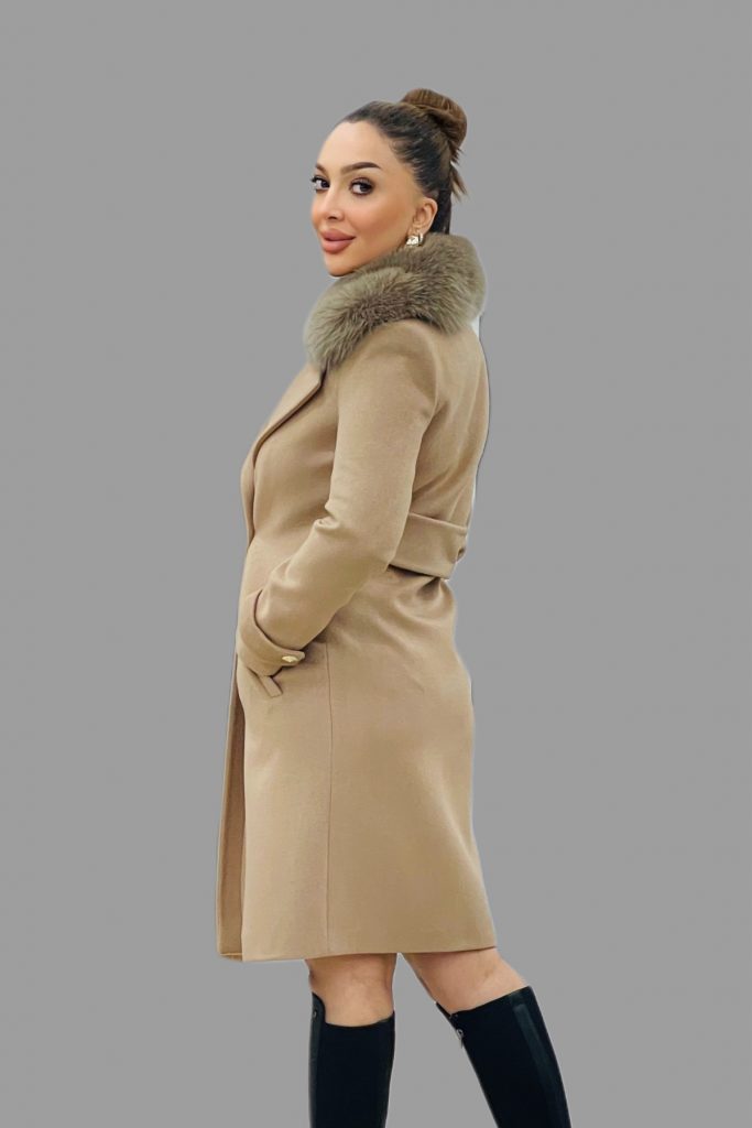 TOSATO Yaka Kürk Detaylı Kaşe Kaban 5243 - taba