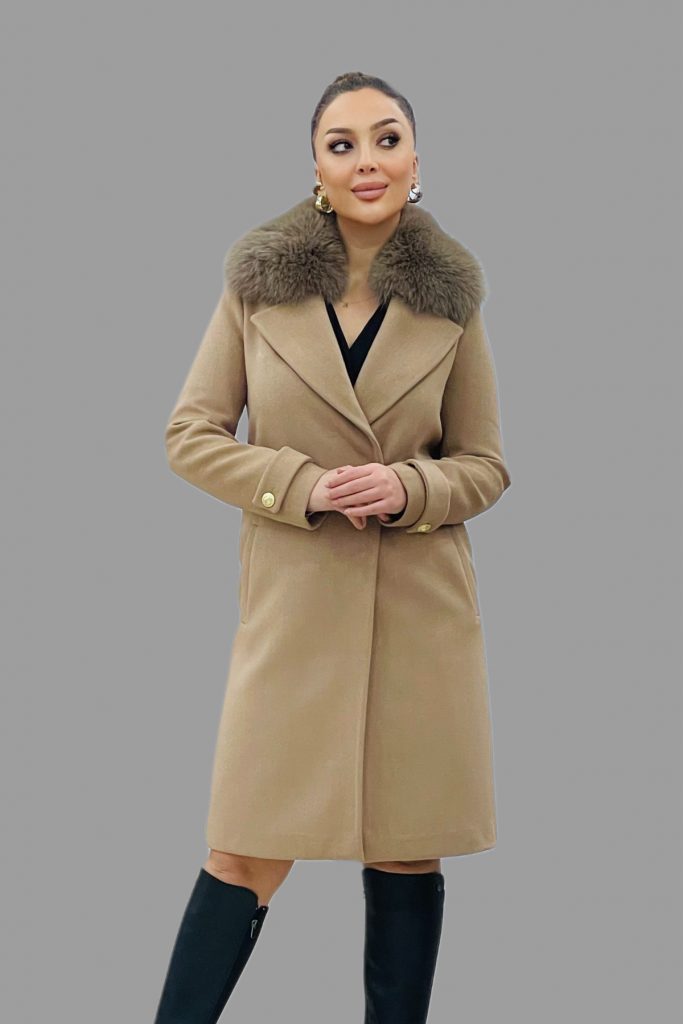 TOSATO Yaka Kürk Detaylı Kaşe Kaban 5243 - taba