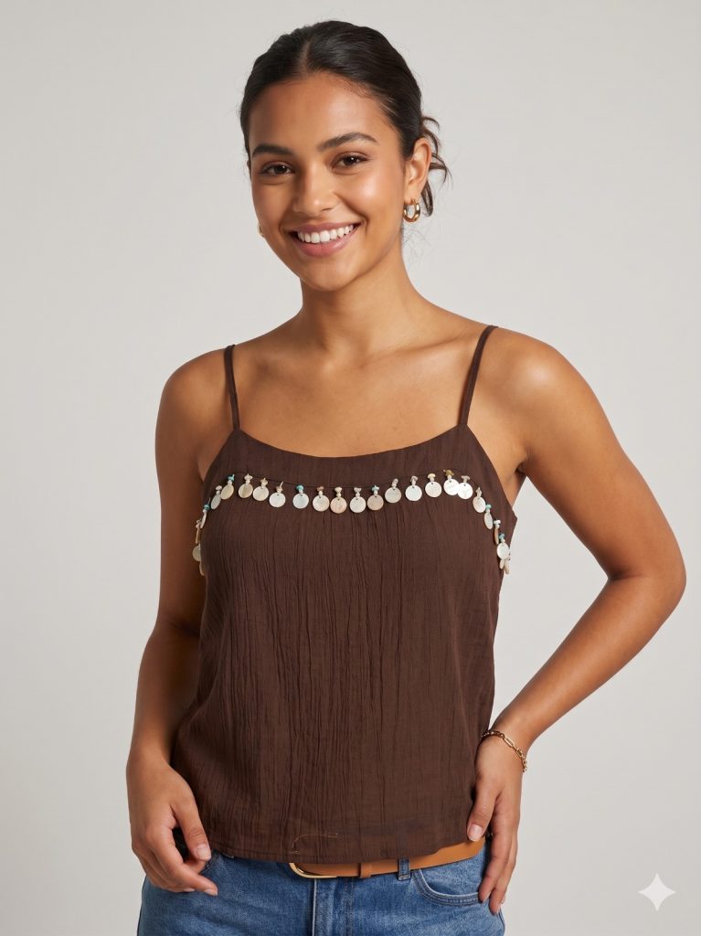 UNIQUE Doğal Taş İşlemeli Askılı Bluz 267015 - kahve