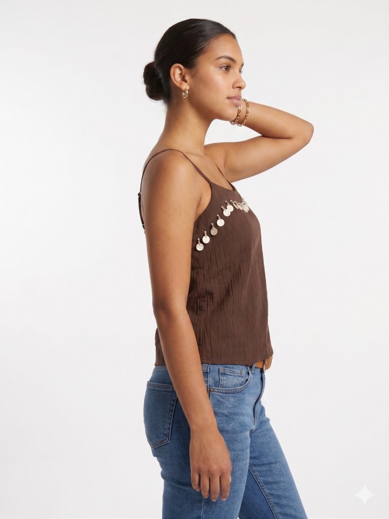 UNIQUE Doğal Taş İşlemeli Askılı Bluz 267015 - kahve