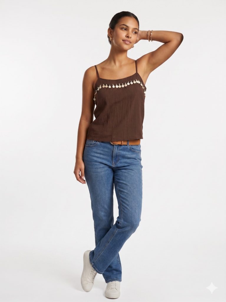 UNIQUE Doğal Taş İşlemeli Askılı Bluz 267015 - kahve