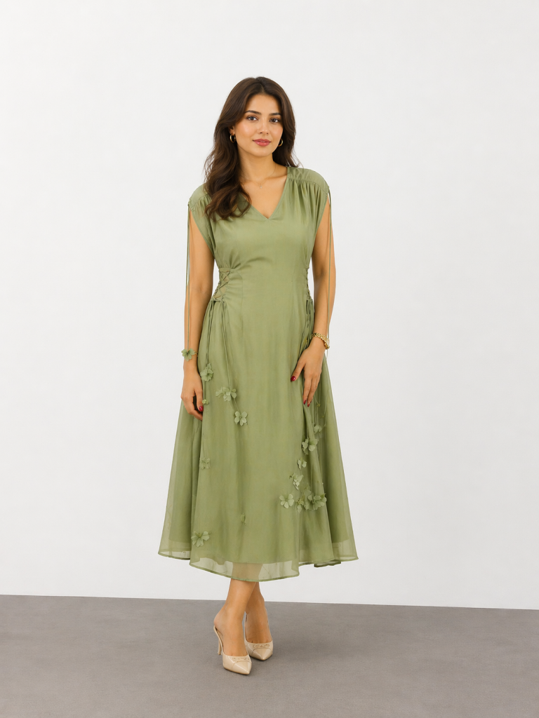 UNIQUE Zarif Çiçek Aplikeli Tül Midi Elbise  263009 - YEŞİL