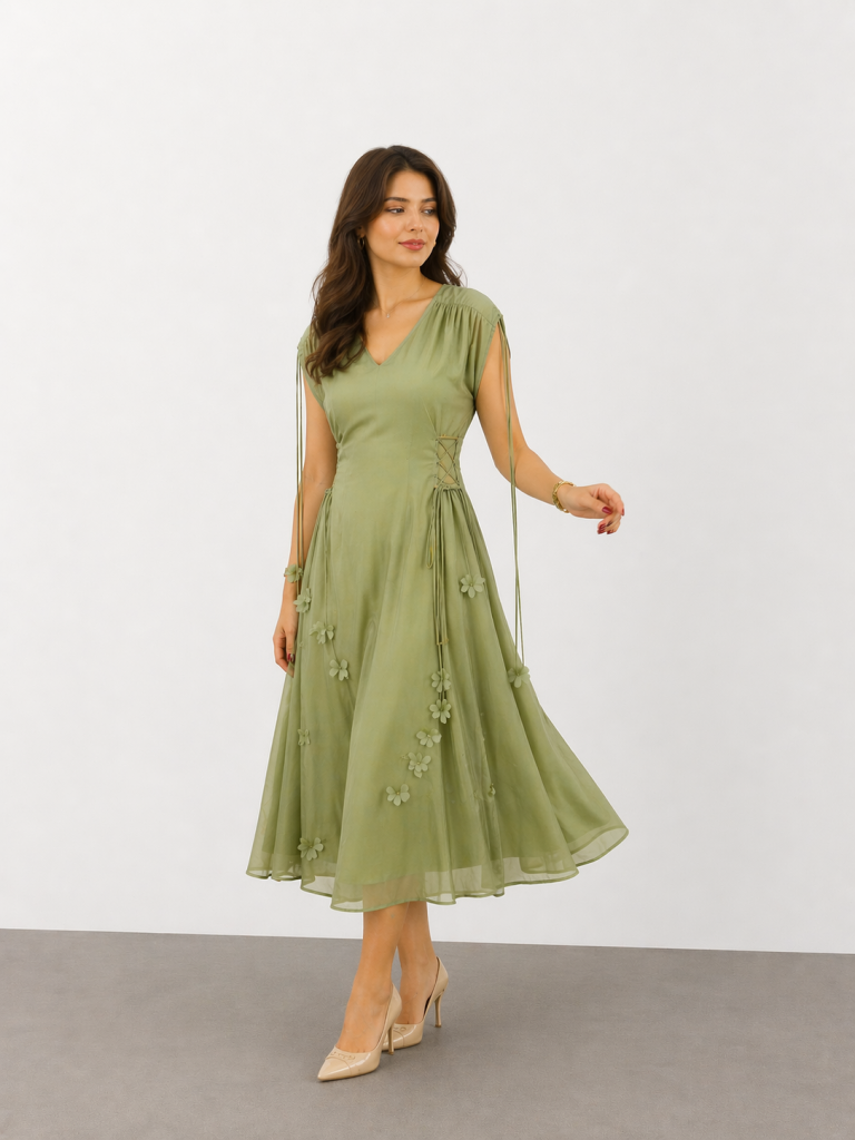 UNIQUE Zarif Çiçek Aplikeli Tül Midi Elbise  263009 - YEŞİL