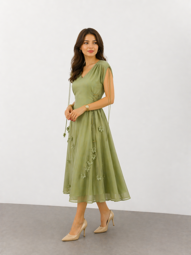 UNIQUE Zarif Çiçek Aplikeli Tül Midi Elbise  263009 - YEŞİL