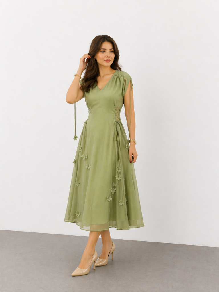 UNIQUE Zarif Çiçek Aplikeli Tül Midi Elbise  263009 - YEŞİL