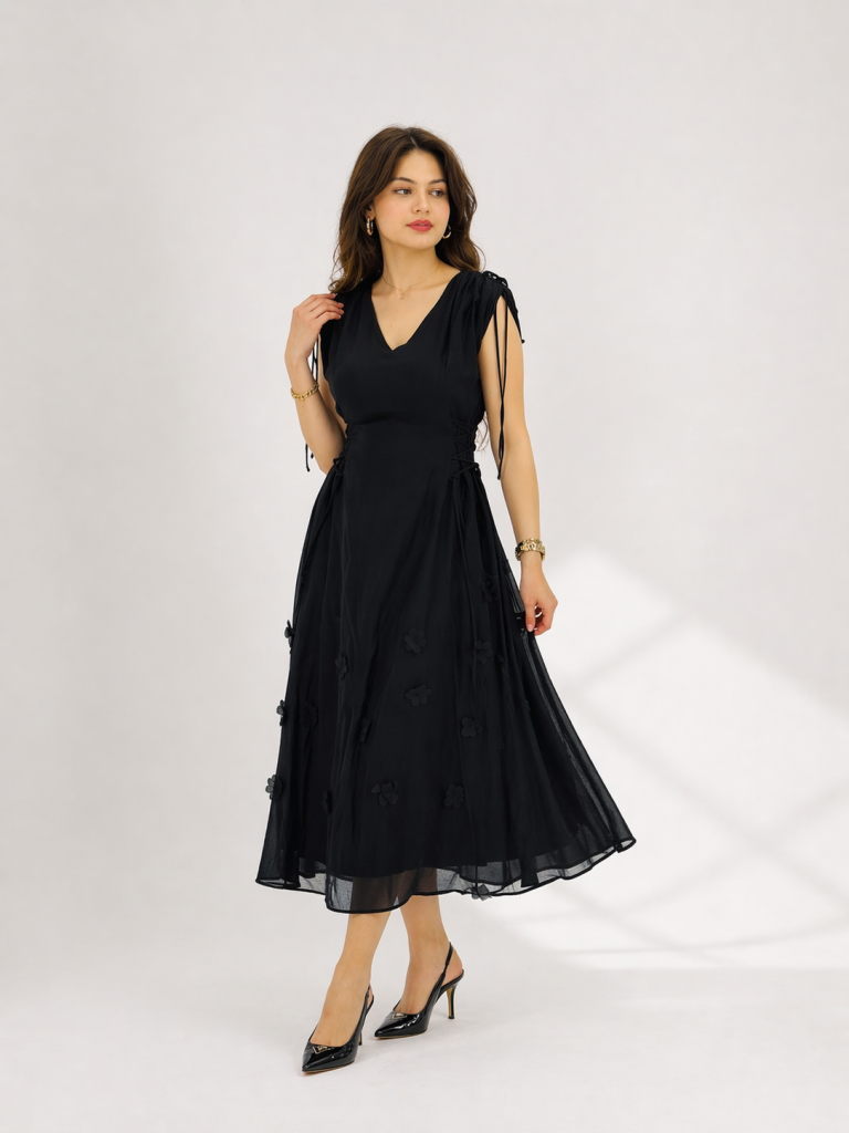 UNIQUE Zarif Çiçek Aplikeli Tül Midi Elbise  263009 - Siyah