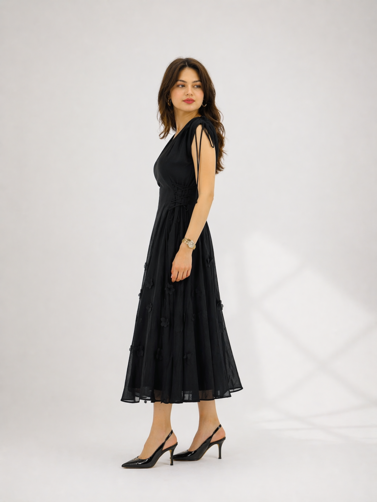 UNIQUE Zarif Çiçek Aplikeli Tül Midi Elbise  263009 - Siyah