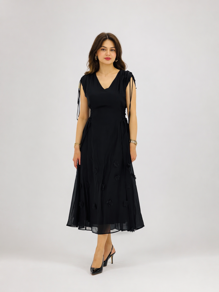 UNIQUE Zarif Çiçek Aplikeli Tül Midi Elbise  263009 - Siyah