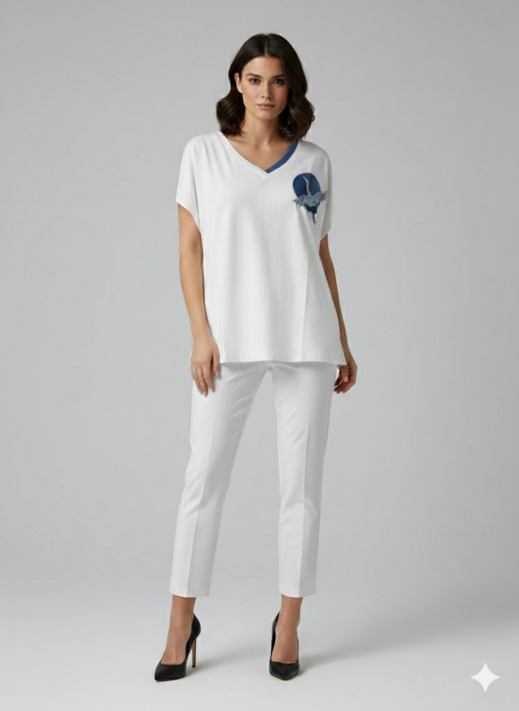 VEDİ V Yaka Boncuk İşlemeli T-shirt 7043 - EKRU