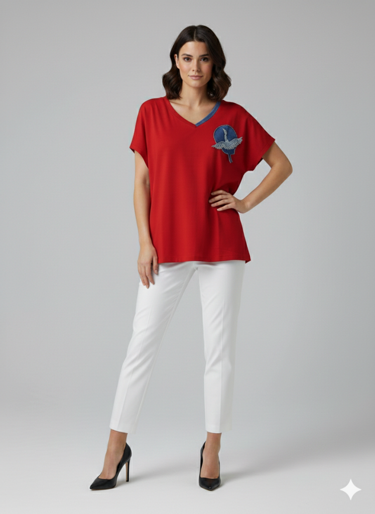 VEDİ V Yaka Boncuk İşlemeli T-shirt 7043 - KIRMIZI