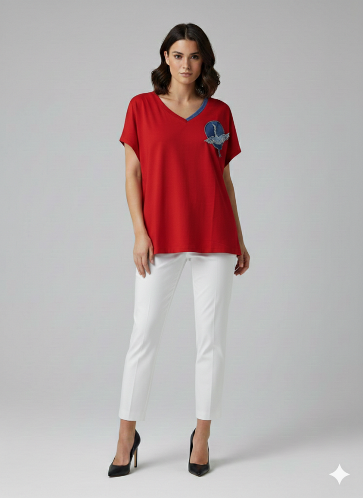 VEDİ V Yaka Boncuk İşlemeli T-shirt 7043 - KIRMIZI