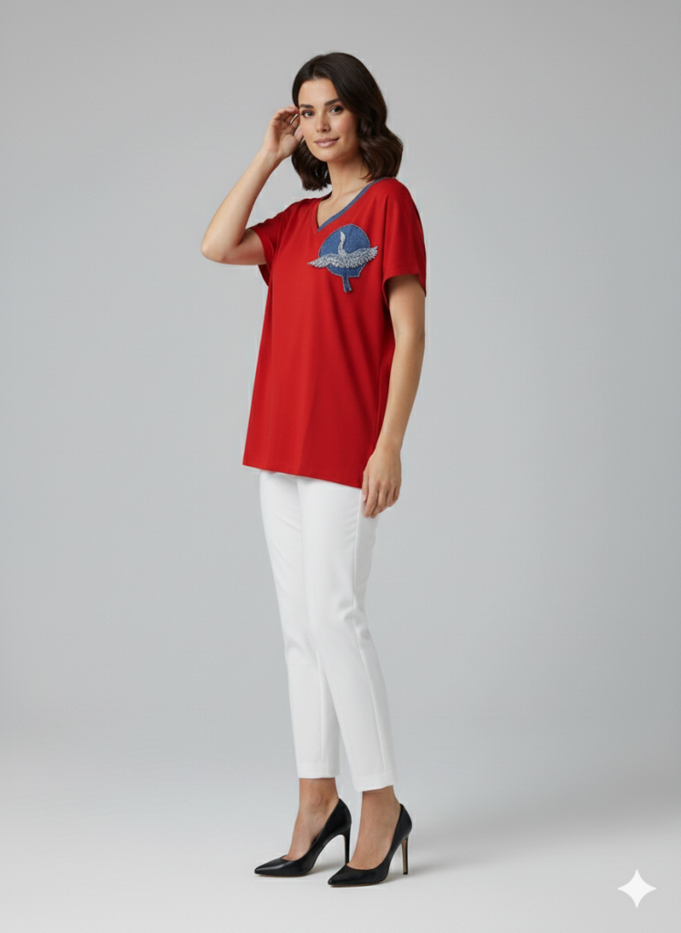 VEDİ V Yaka Boncuk İşlemeli T-shirt 7043 - KIRMIZI