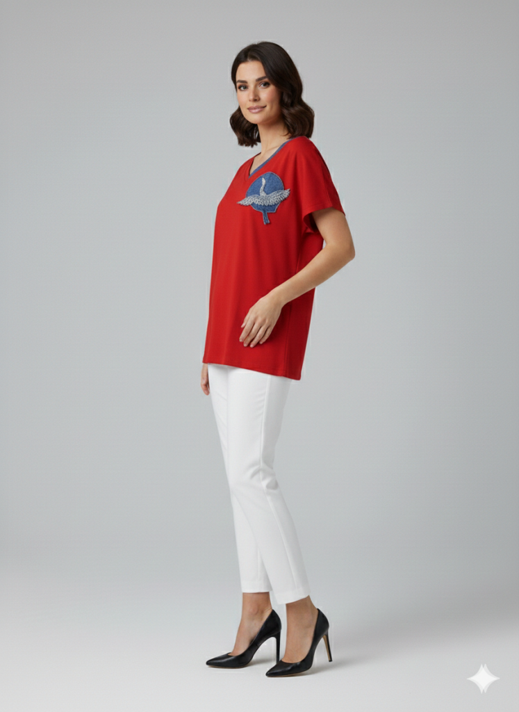 VEDİ V Yaka Boncuk İşlemeli T-shirt 7043 - KIRMIZI