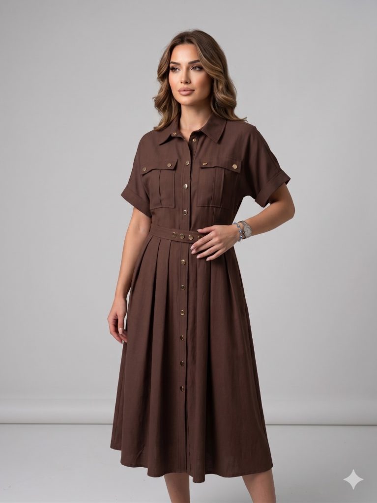 VENDİ LALUCE Düğme Detaylı Elbise LE661 - kahve