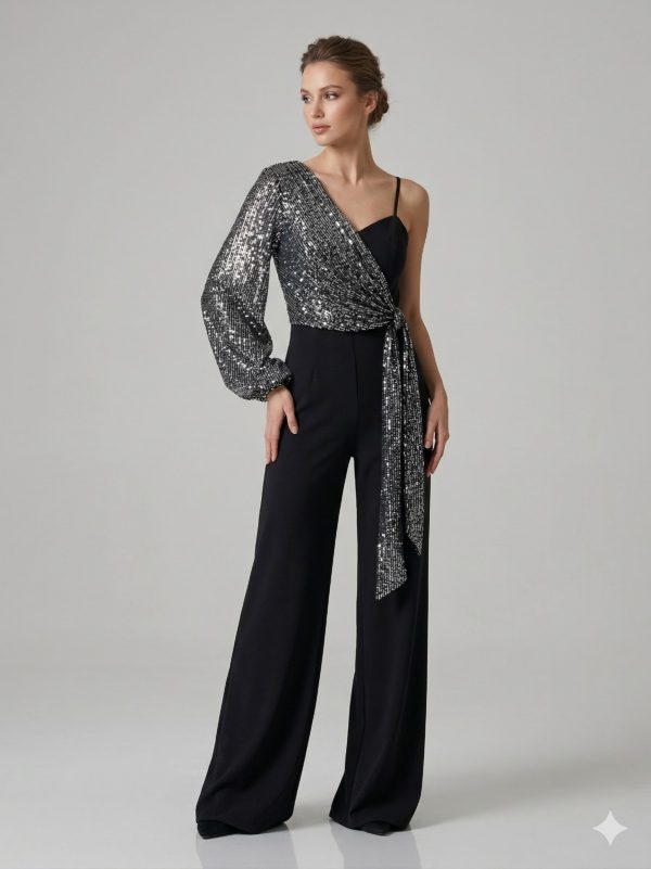 CENTİLMEN Asimetrik Payet Detaylı Siyah Tulum 7078