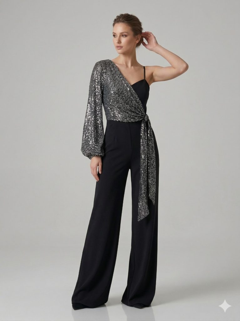 CENTİLMEN Asimetrik Payet Detaylı Siyah Tulum 7078